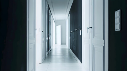 Long empty hallway with white closed doors and black wall with hooks in contemporary light apartment : Generative AI