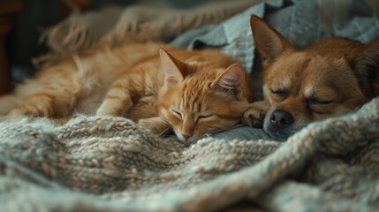 Two cats and a dog are sleeping on a blanket