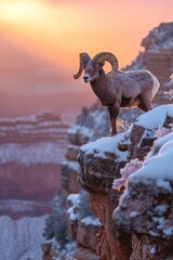 Naklejka premium Bighorn ram sheep goat on cliff in Grand Canyon in winter with snow
