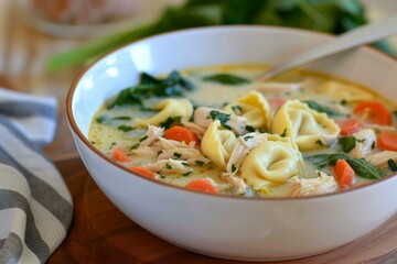 Comforting bowl of chicken tortellini soup with vegetables, perfect for a cozy meal