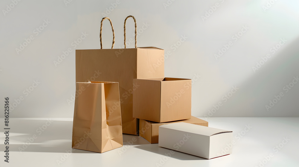 Poster Cardboard boxes and paper bag isolated on white : Generative AI