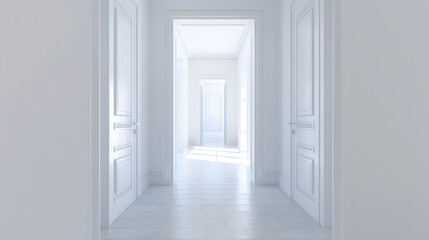 White corridor with entrances to a bright room and doors in an empty apartment before moving or after renovation Concept of renovation and moving into compact new apartment Copyspace : Generative AI