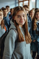 Obraz premium A girl with a backpack and a hoodie is smiling at the camera