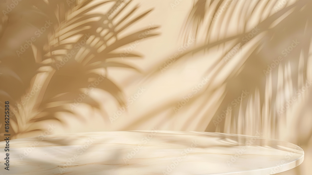 Aufkleber tropical palm tree shadow on cream wall and luxury marble table for product placement natural layout