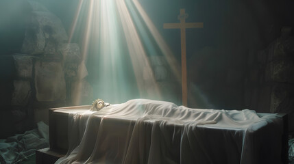 Resurrection Of Jesus Christ  Tomb Empty With Shroud And Crucifixion At Sunrise With Abstract Magic Lights : Generative AI