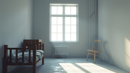 Sparsely decorated room with white walls Window takes up a large percentage of the back wall There is a small wooden desk with chair and a bed : Generative AI