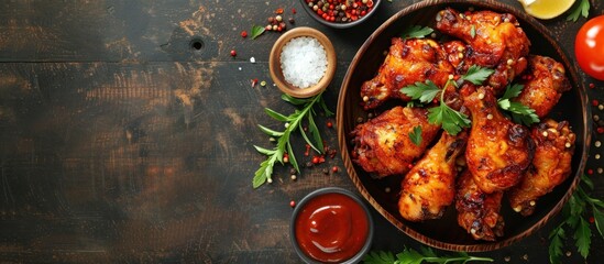 Grilled chicken wings with tomatoes and herbs on plate