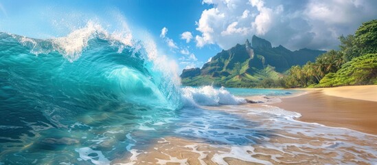 Powerful wave crashing on beach with mountains