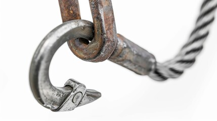 Obraz premium Close up of hook and sling attached to steel cable on white background