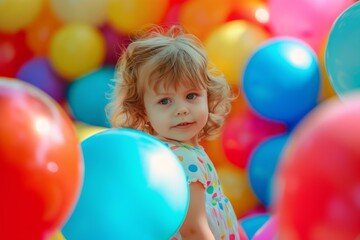 Joyful toddler with curly hair surrounded by vibrant, colorful balloons