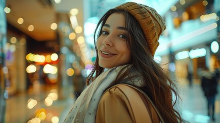 A woman wearing a brown hat and a white scarf is smiling at the camera