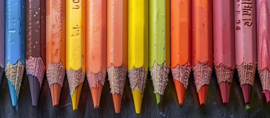 A neat row of assorted colored pencils set against a black backdrop, showcasing a spectrum of colors in a vibrant display.
