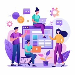 Designers are working on the desing of web page. Web design, User Interface UI and User Experience UX content organization. Web design development concept. Violet palette.  flat illustration white bac