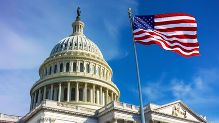 US national flag flying in air with capitol hill building in washington dc
