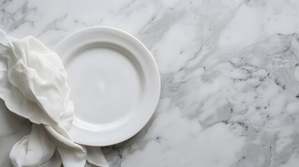 Obraz na płótnie Canvas Empty white plate and napkin on light grey marble table flat lay : Generative AI