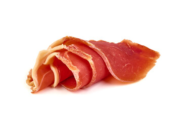 Spanish jamon iberico, serrano ham, isolated on white background. High resolution image