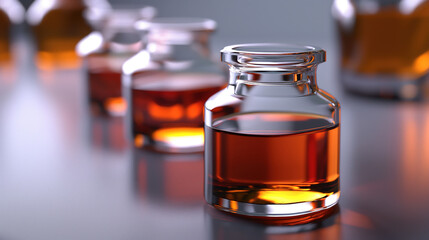 small glass bottles with brown liquid on a grey background,