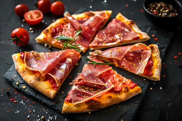 Gourmet prosciutto pizza slices on black slate