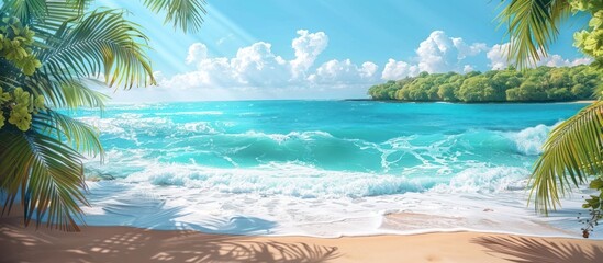 Fototapeta na wymiar Beach scene with palm trees and waves