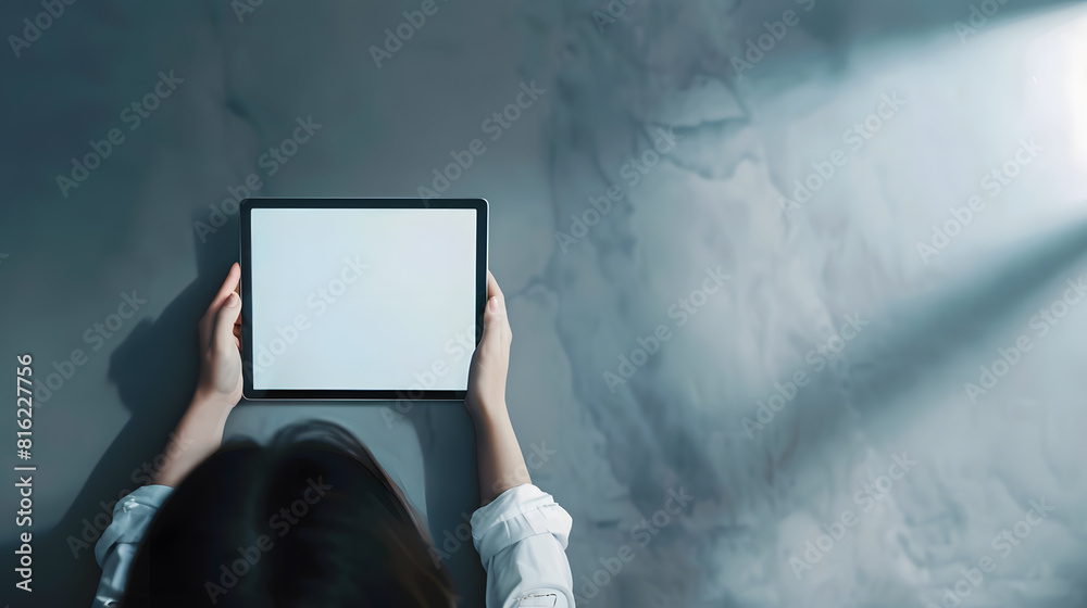 Aufkleber top view mockup image of a business woman holding digital tablet with blank white desktop screen : g