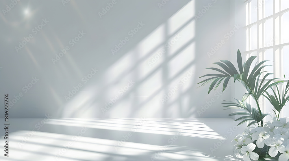 Fototapete Abstract white studio background for product presentation Empty room with shadows of window and flowers and palm leaves  3d room with copy space Summer concert Blurred backdrop : Generative AI
