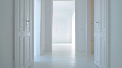 White corridor with entrances to a bright room and doors in an empty apartment before moving or after renovation Concept of renovation and moving into compact new apartment Copyspace : Generative AI
