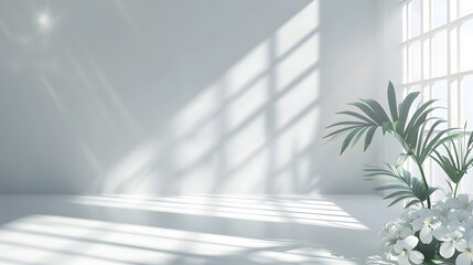 Abstract white studio background for product presentation Empty room with shadows of window and...