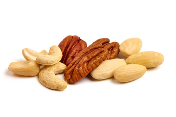 Pecan and blanched almonds, isolated on white background