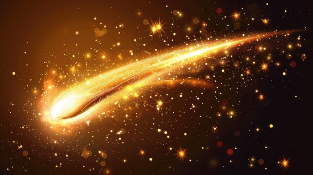 Abstract bright golden shooting star with a twinkling star trail on dark brown background