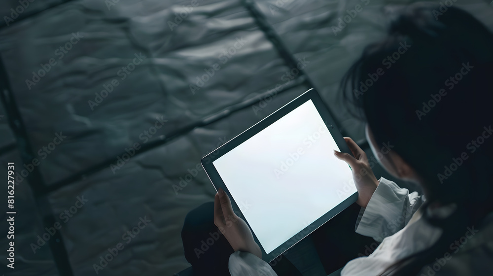 Poster top view mockup image of a business woman holding digital tablet with blank white desktop screen : g