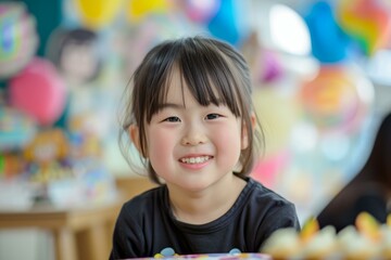 Cheerful young girl smiling at a colorful birthday celebration with balloons
