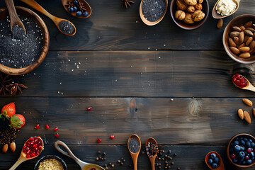 Assorted superfoods on dark wooden background