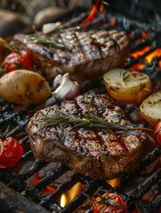 Two pieces of steak are on a grill with potatoes and tomatoes