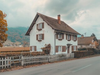 A white house with a red chimney sits on a street