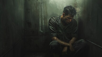 Despair in darkness: man sitting alone in shadows