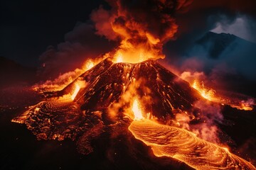 A volcano is erupting with lava and smoke