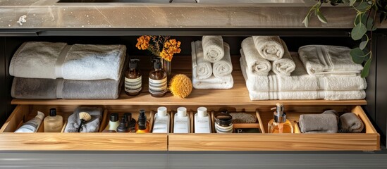 Bathroom towels and items stored in wooden drawer