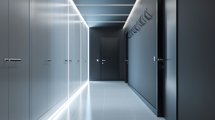 Long empty hallway with white closed doors and black wall with hooks in contemporary light apartment : Generative AI