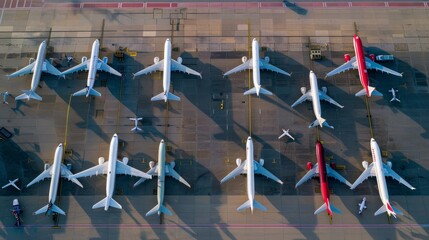 Obraz premium Airplanes parked at an airport terminal.