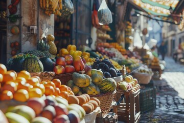 A fruit stand with a variety of fruits including apples, oranges, and pears