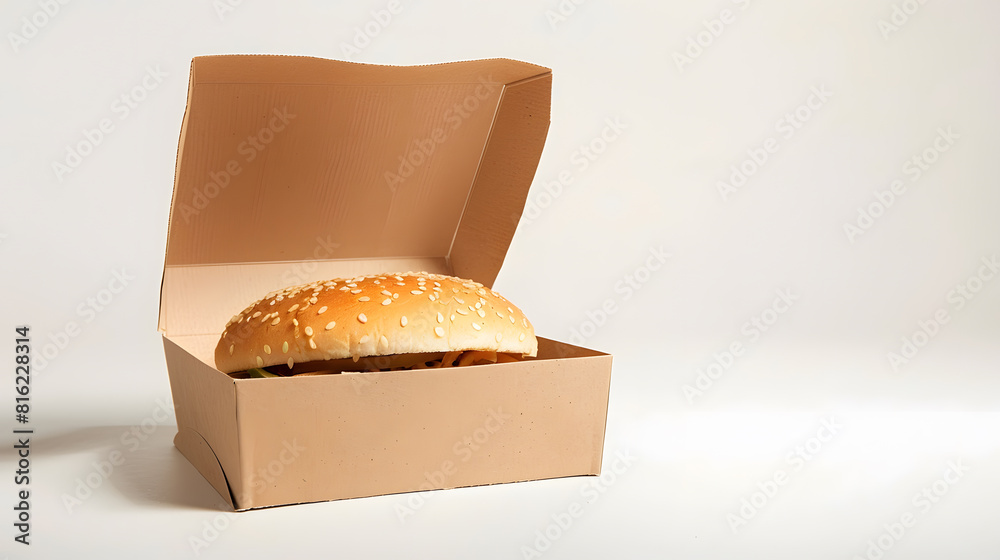 Poster Open empty brown paper burger box isolated on white : Generative AI