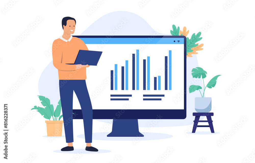 Poster man with computer and charts - person standing with laptop working and looking at financial and busi