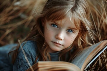 Closeup of a thoughtful child engrossed in a book outdoors, surrounded by golden grass