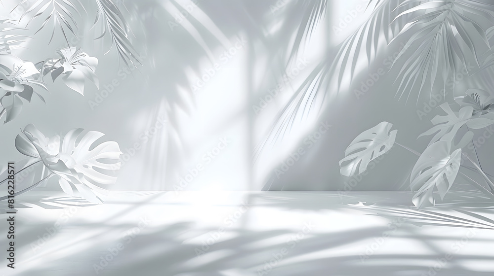 Leinwandbilder Abstract white studio background for product presentation Empty room with shadows of window and flowers and palm leaves  3d room with copy space Summer concert Blurred backdrop : Generative AI