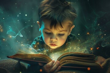 Young boy is immersed in reading, surrounded by glowing lights and sparkles that evoke a sense of wonder