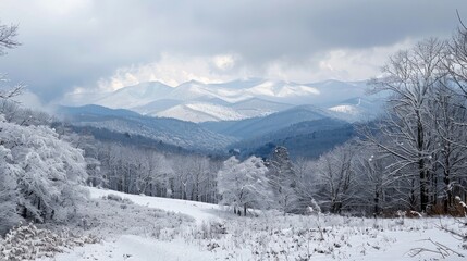 A picturesque view of the Blue Ridge Mountains covered in snow.

