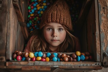 Curious child gazes while surrounded by vibrant, multicolored candies in a rustic chest