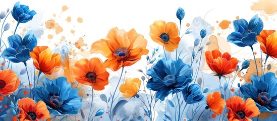 A vibrant painting featuring blue and orange flowers set against a clean white background.