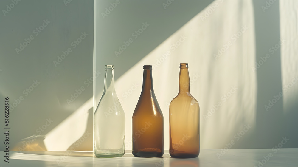 Poster three empty bottles on a table : Generative AI