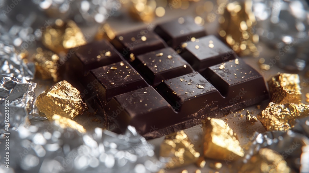 Poster Dark chocolate displayed against a backdrop of silver and gold foil